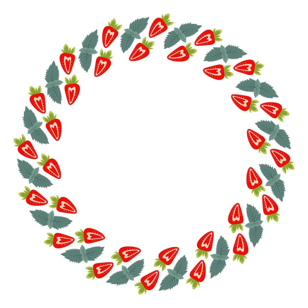 Half Strawberry and mint leaves Circular Frame Border. Summertime fruit Copy pace Template concept. Isolated illustration Thematic or menu cards, leaflets backdrop, label or web promo banner vector