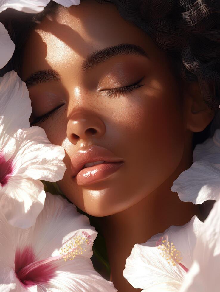 realistic woman album cover for R andB artist with a floral design white1 photo