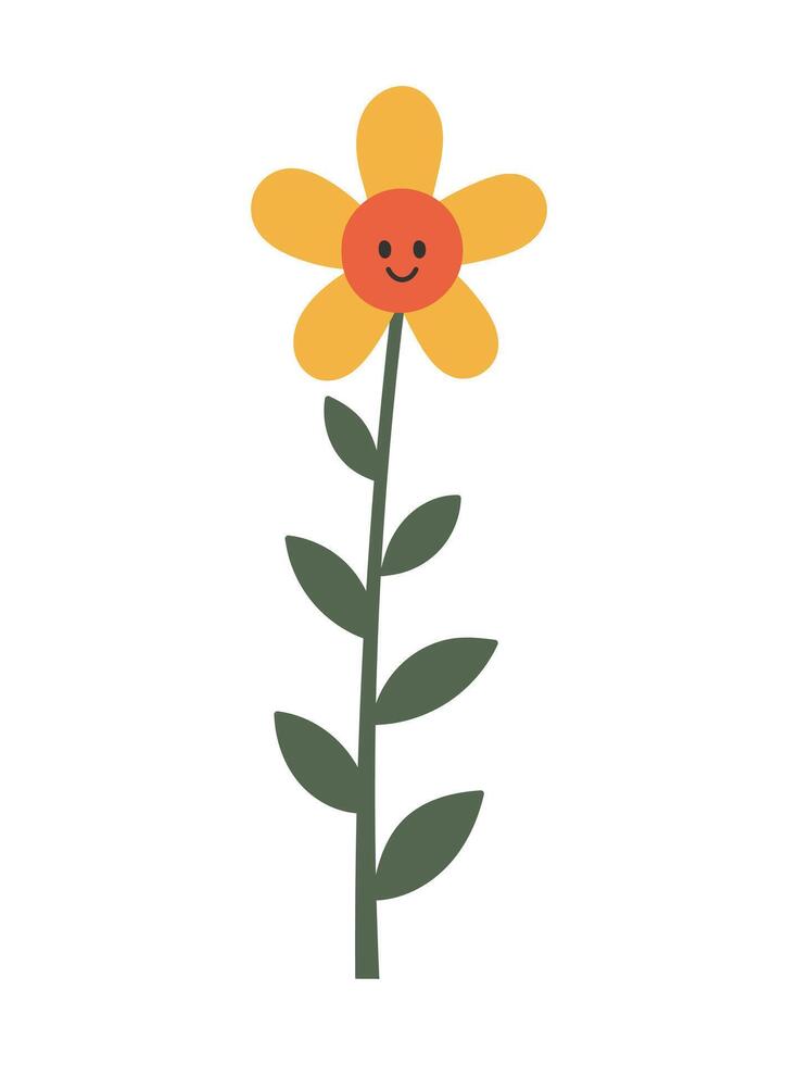 Minimalist flat illustration of a flower on a long stem with leaves. Simple children's style, suitable for prints, cards, decorations, and creative designs. vector