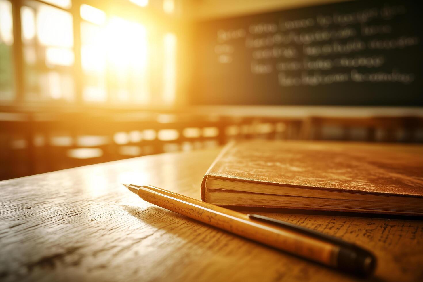 Colorful Books on Wooden Table in Classroom with Warm Sunlight and Educational Atmosphere photo