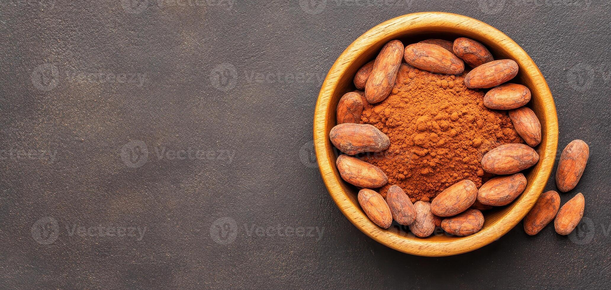 Raw cacao beans and powder in wooden bowl, showcasing rich textures and earthy tones. Perfect for chocolate lovers and health enthusiasts alike photo