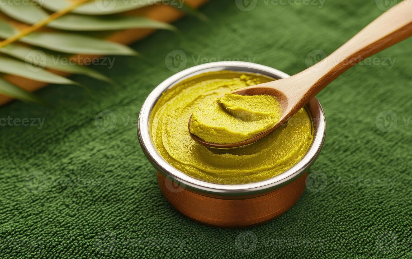 vibrant green herbal paste in metal bowl, ideal for spa treatments, surrounded by natural elements. This soothing paste is perfect for rejuvenating skin care photo