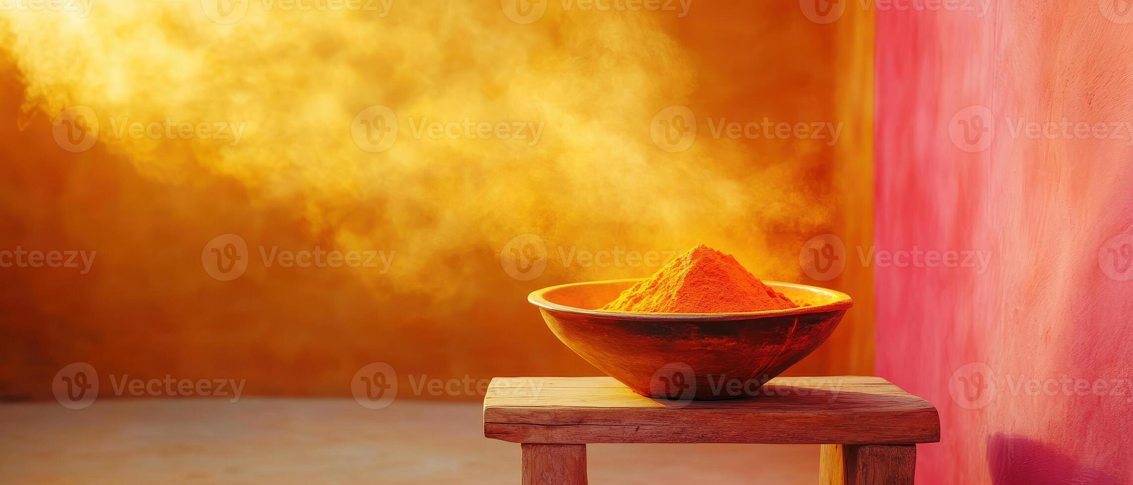 glowing bowl of turmeric powder sits on wooden pedestal, surrounded by warm colors and misty atmosphere, creating vibrant and inviting scene photo