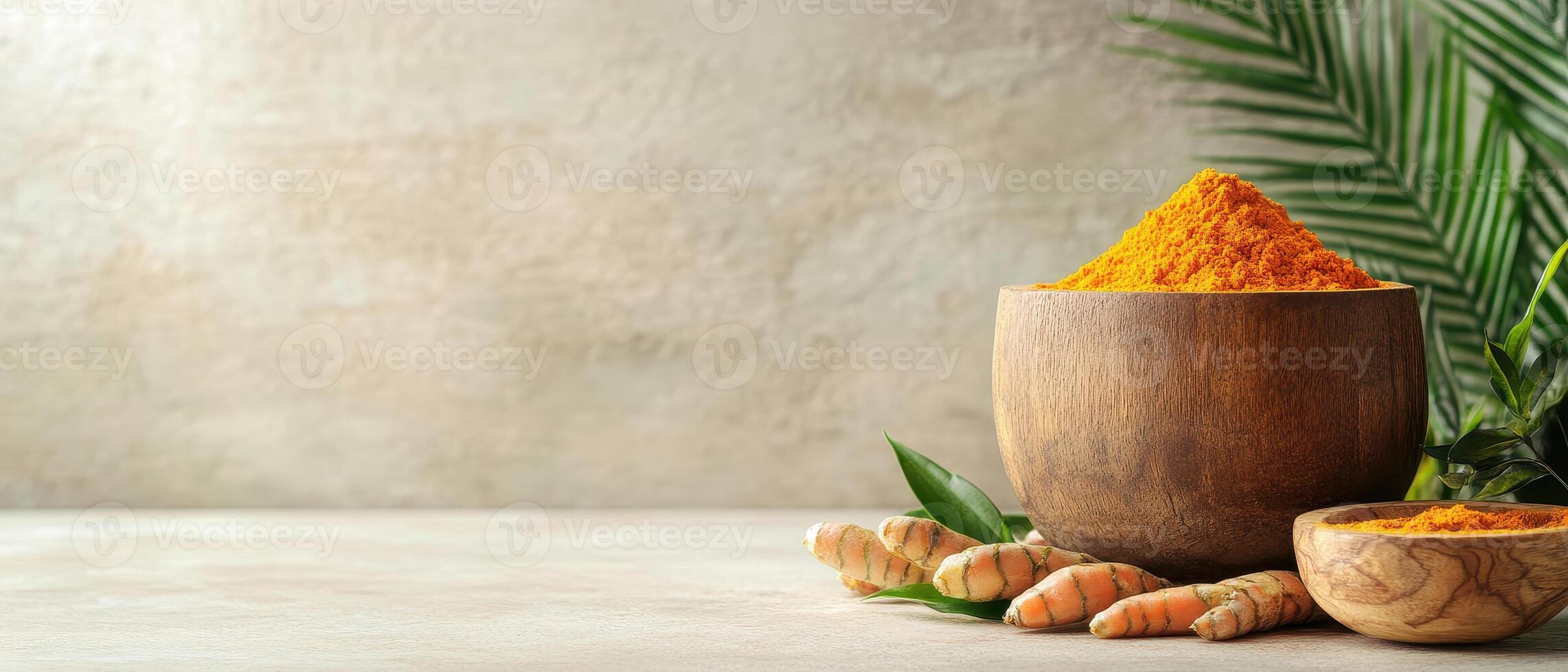 wooden bowl filled with vibrant turmeric powder, surrounded by fresh turmeric roots and green leaves, evokes sense of natural wellness photo