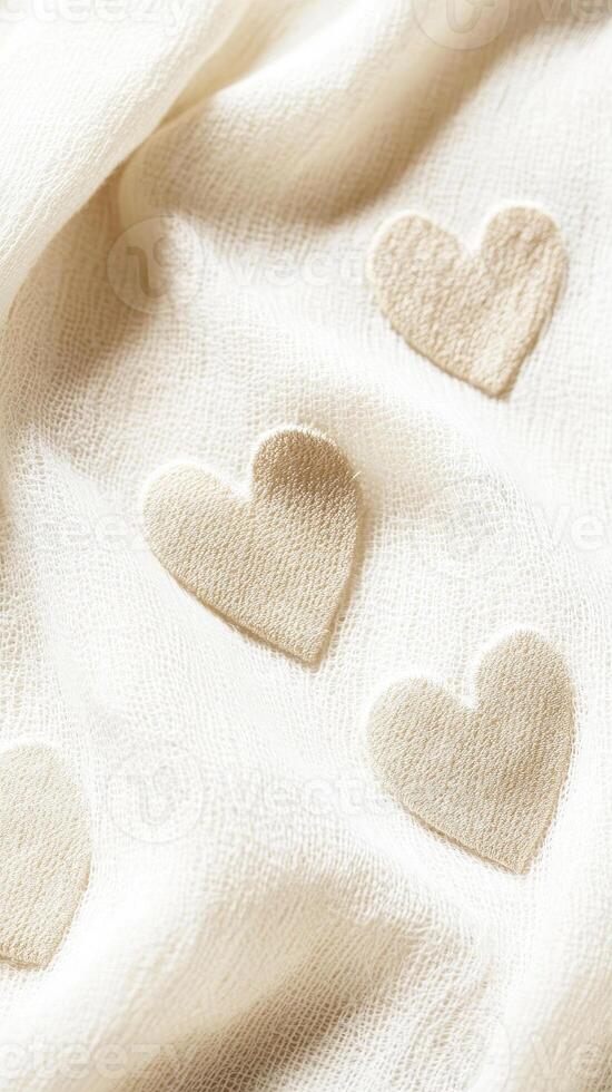 Delicate lace fabric with embroidered heart patterns in soft beige tones, creating romantic and cozy atmosphere. Perfect for crafting or home decor photo