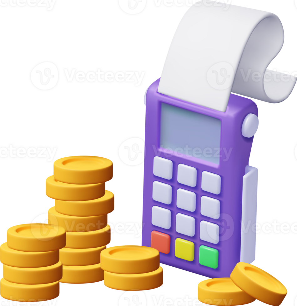3D Payment terminal with card, coins and receipt png