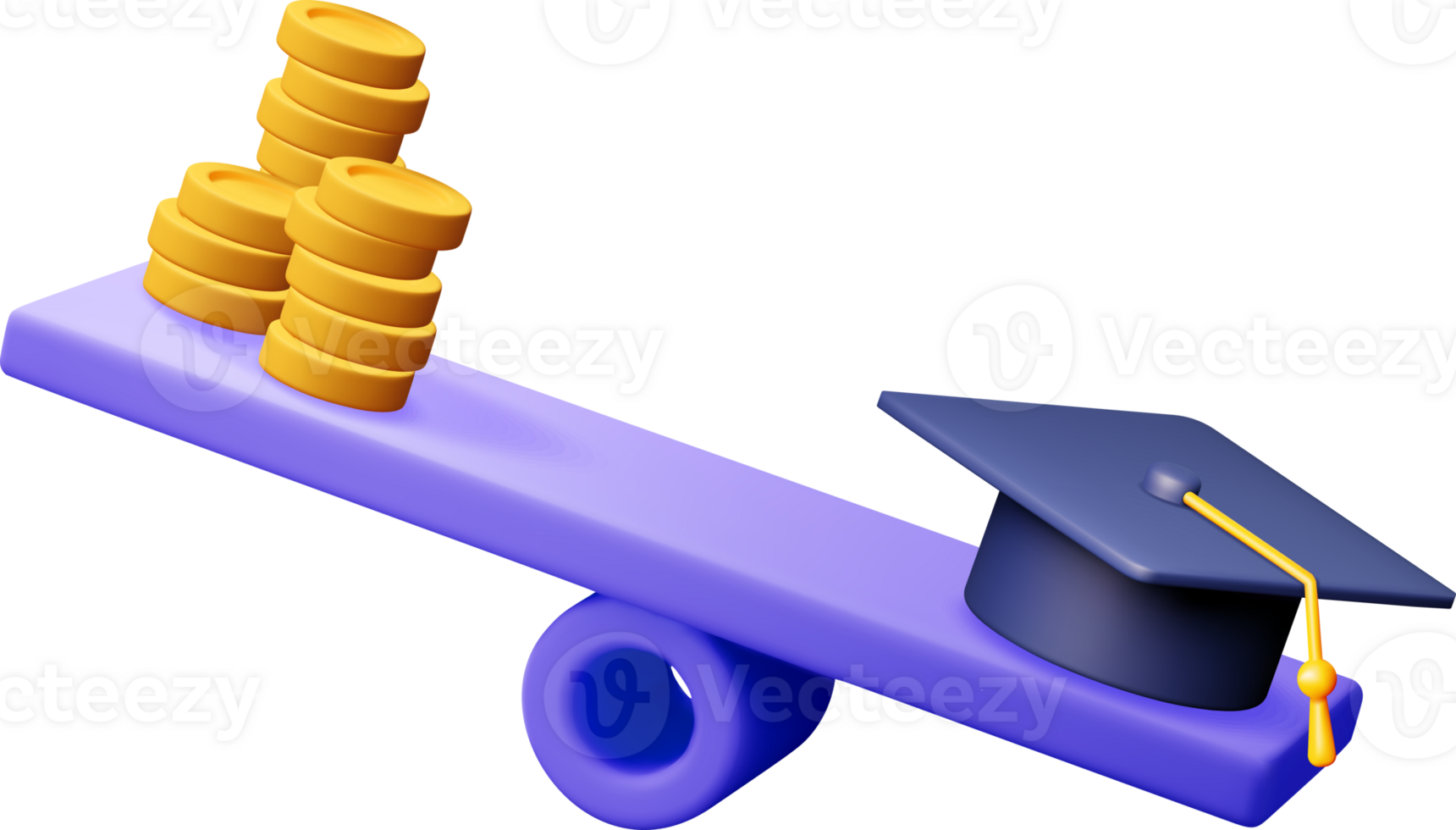3D graduation cap and golden coins on scales. png