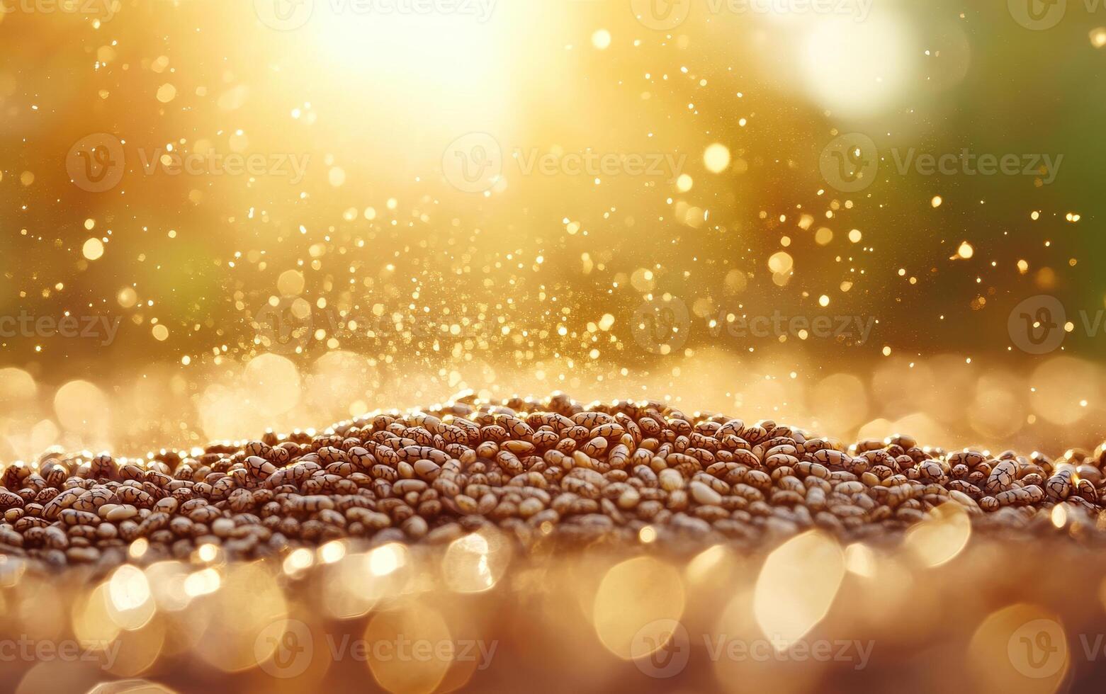 Chia seeds glisten under sunlight, creating warm and inviting atmosphere. soft bokeh effect enhances beauty of this natural scene photo