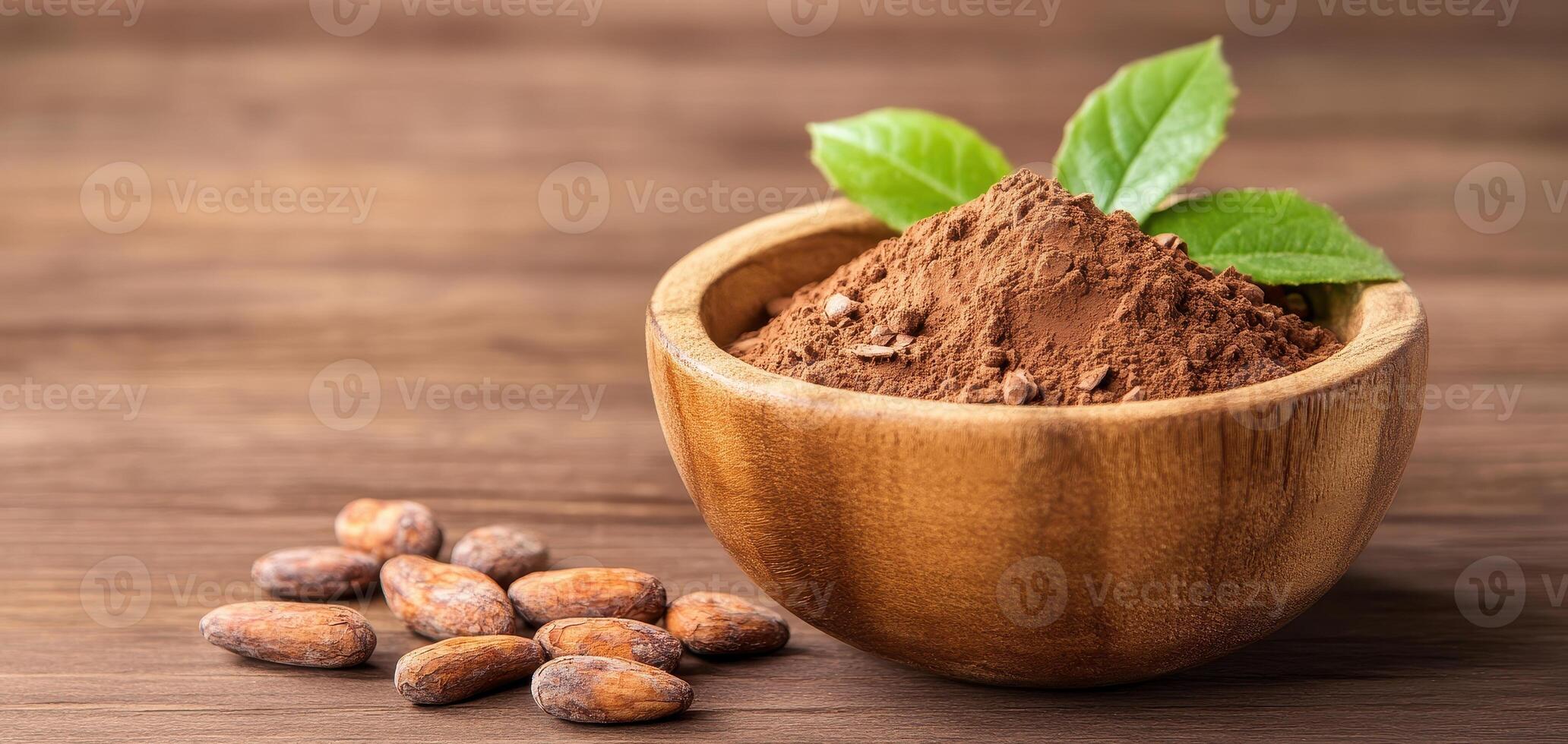 Rich cacao powder and raw cacao beans in wooden bowl, surrounded by fresh green leaves, create natural and earthy aesthetic. Perfect for culinary and health related themes photo