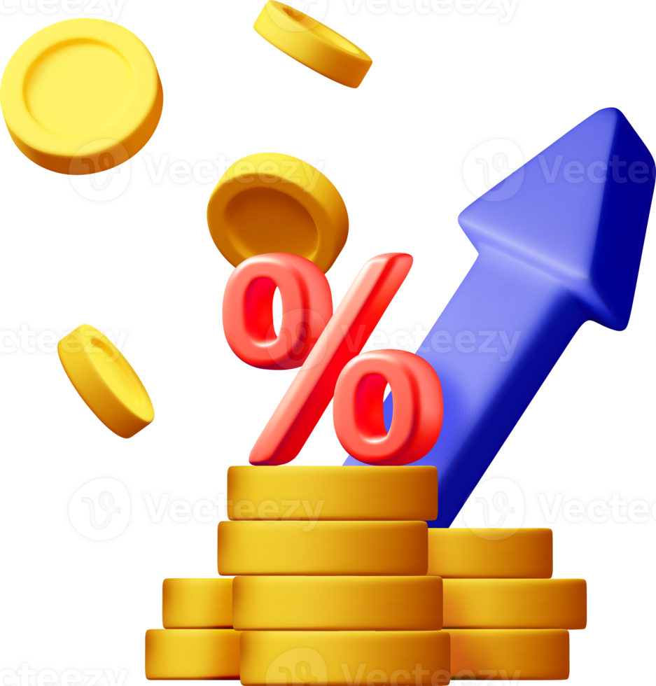 3D growth stock chart arrow with percent and coins png