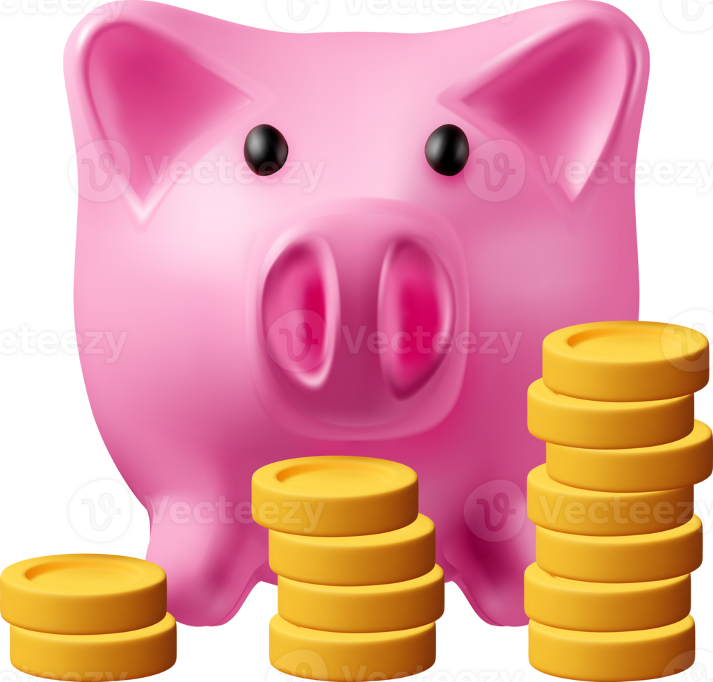 3D piggy bank, growing stacks of coins png