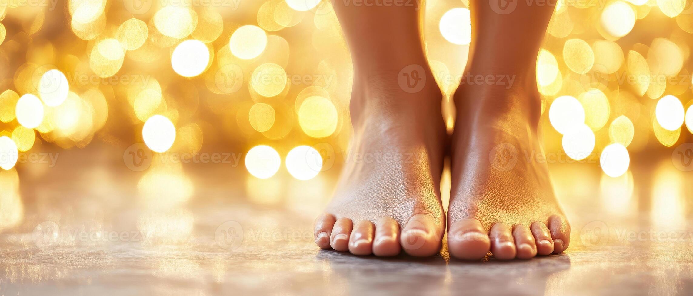 Soft, bare feet standing on smooth surface with warm, glowing background. image evokes sense of relaxation and tranquility, perfect for wellness themes photo