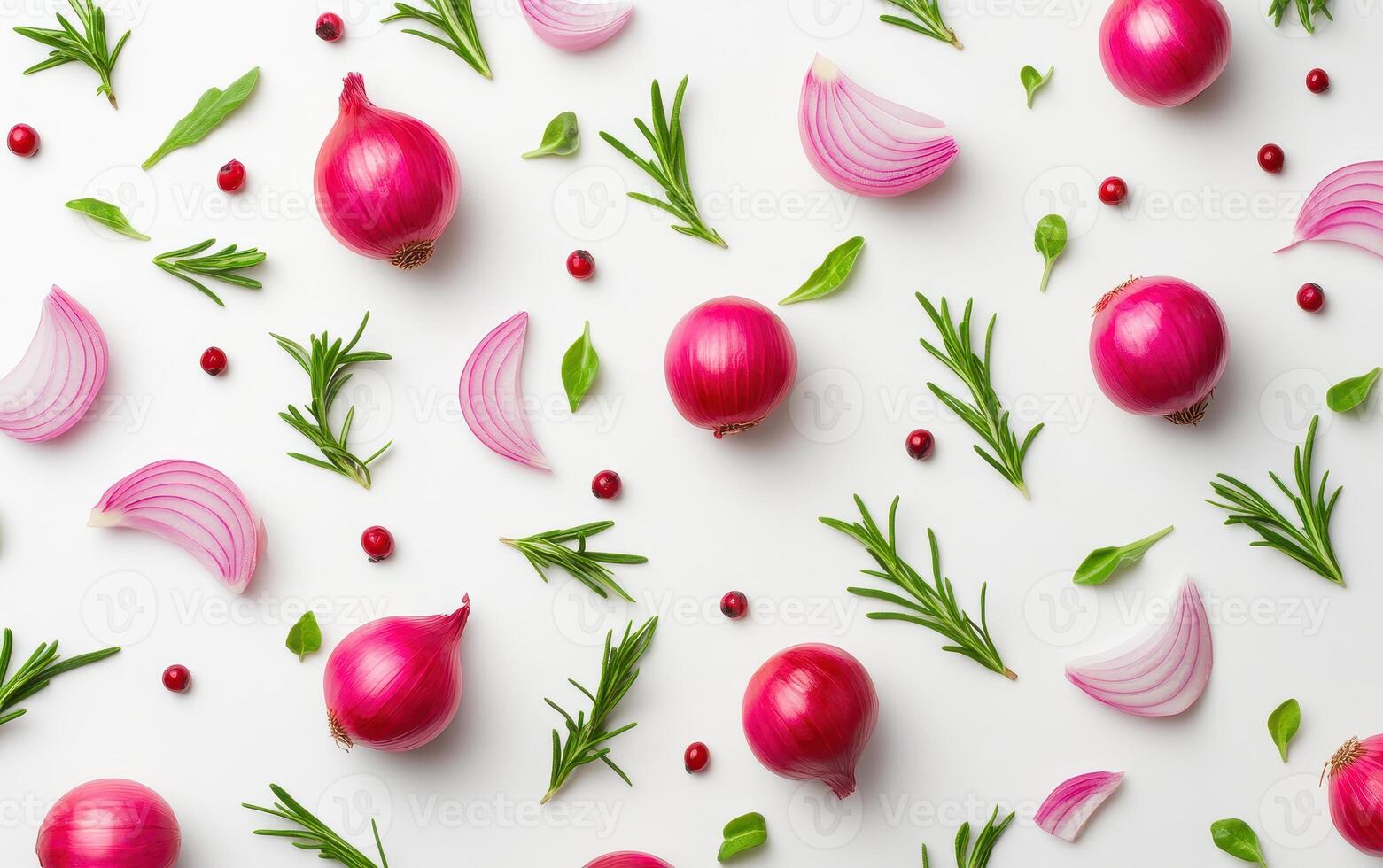 Artistic display of floating red onions, herbs, and berries on white background, creating vibrant and fresh composition photo