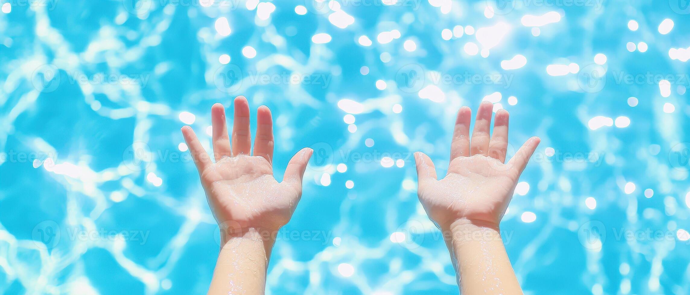 Relaxing hands raised above sparkling blue pool, inviting tranquility and joy. sunlight dances on water surface, creating serene atmosphere photo