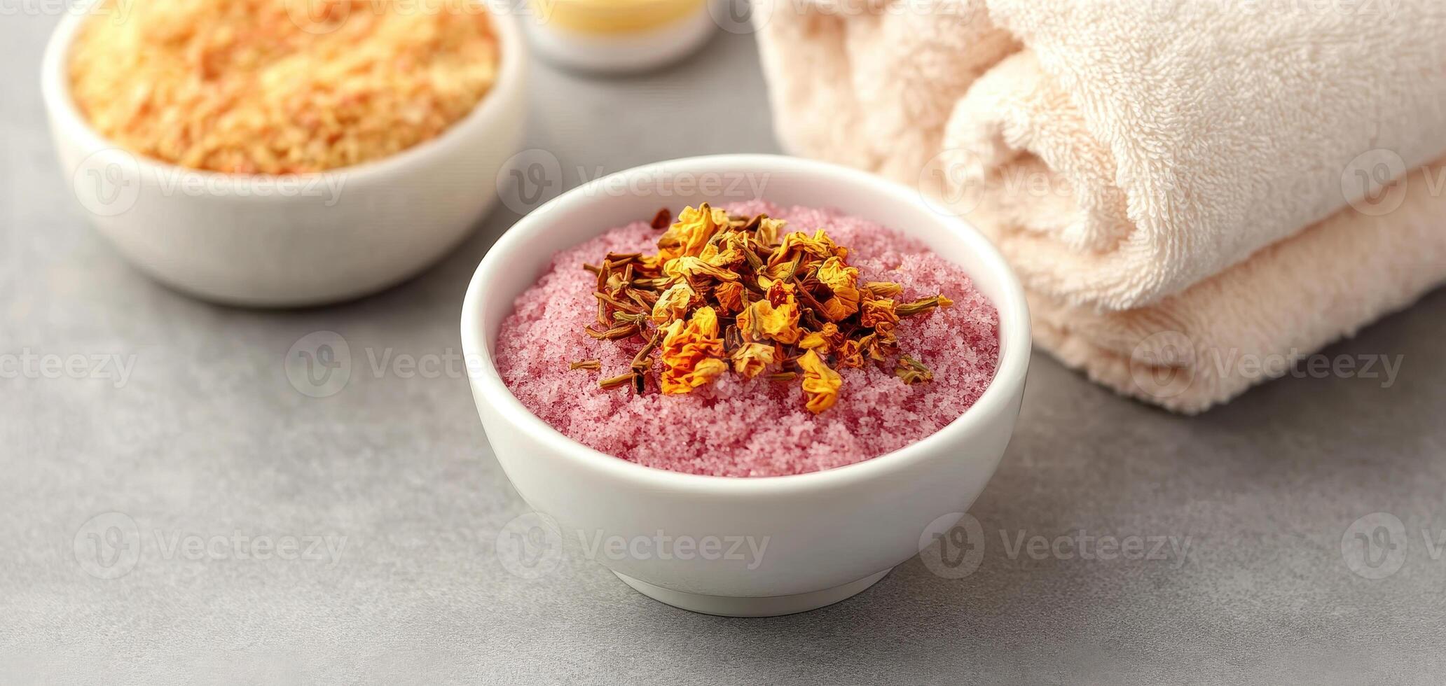 Aromatic herbal bath salts in bowl, surrounded by towels and spa essentials, create relaxing atmosphere for self care and wellness photo