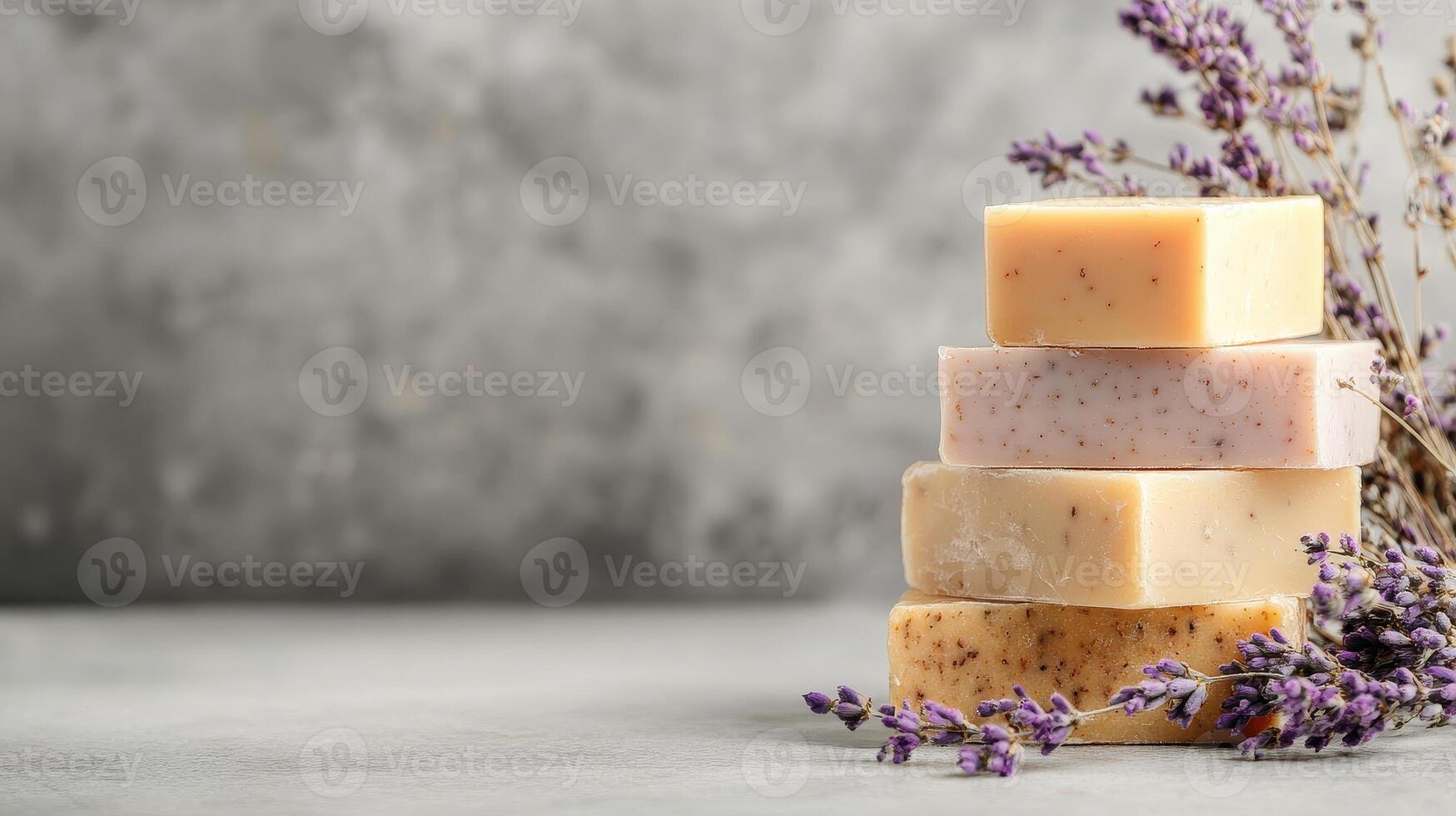Handmade soap bars stacked with natural textures and lavender flowers, creating calming and organic aesthetic. Perfect for skincare enthusiasts and eco friendly products photo