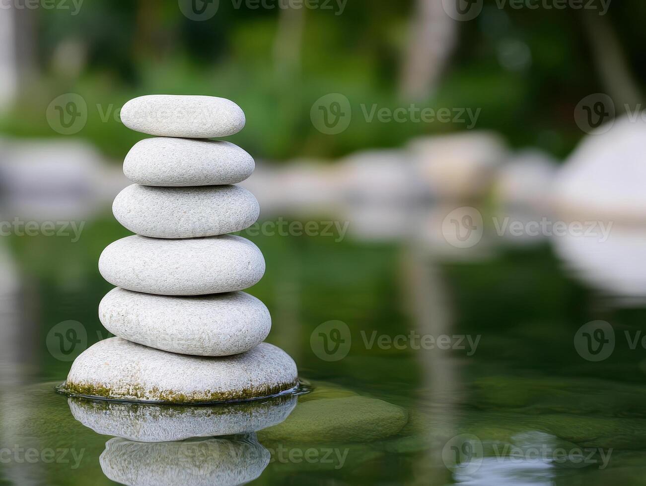 serene zen garden featuring stacked stones on calm water, creating peaceful atmosphere. smooth stones reflect tranquility and balance in nature photo