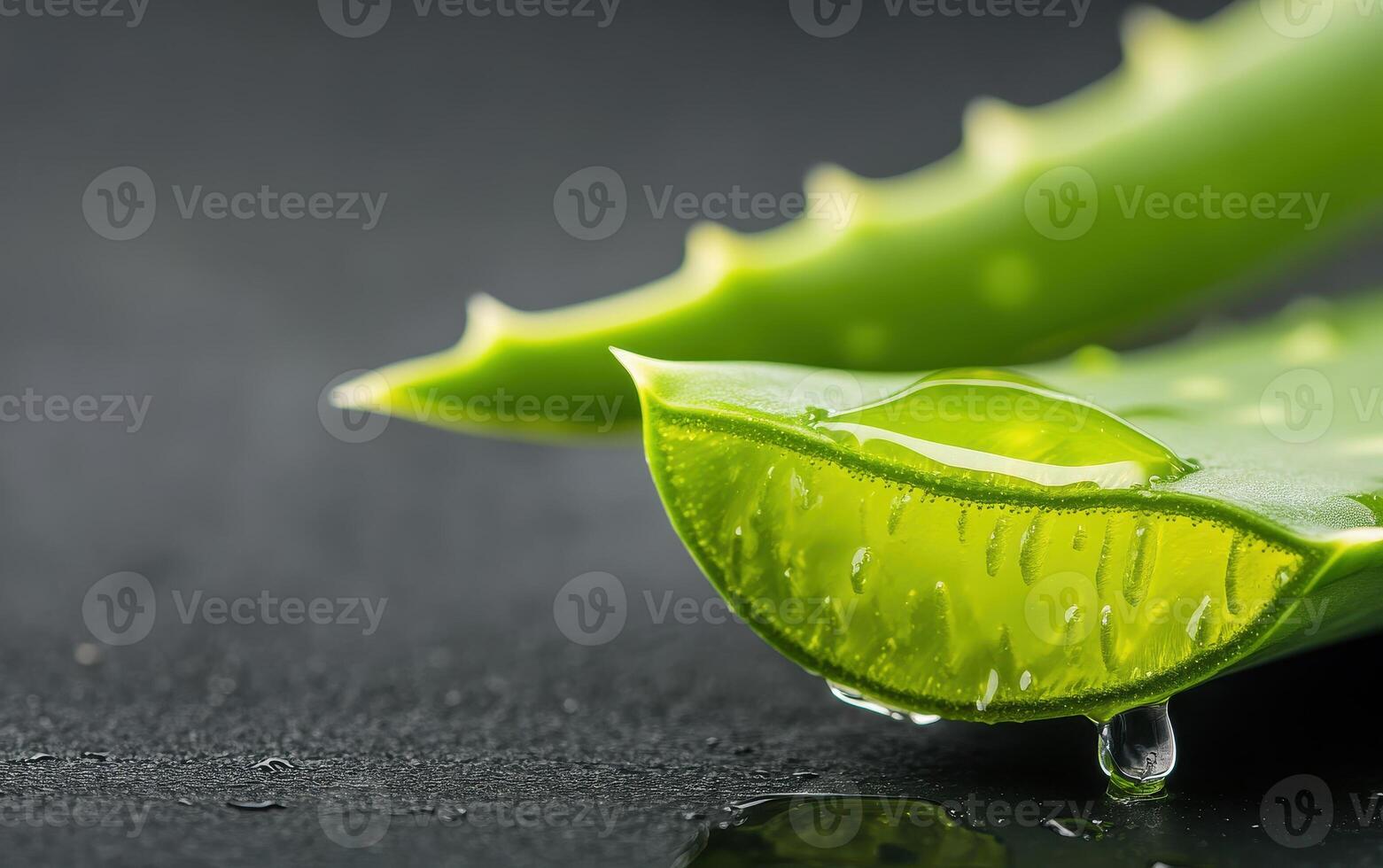 Fresh aloe vera slices with gel dripping, showcasing vibrant green color and natural texture. Perfect for skincare and health applications photo