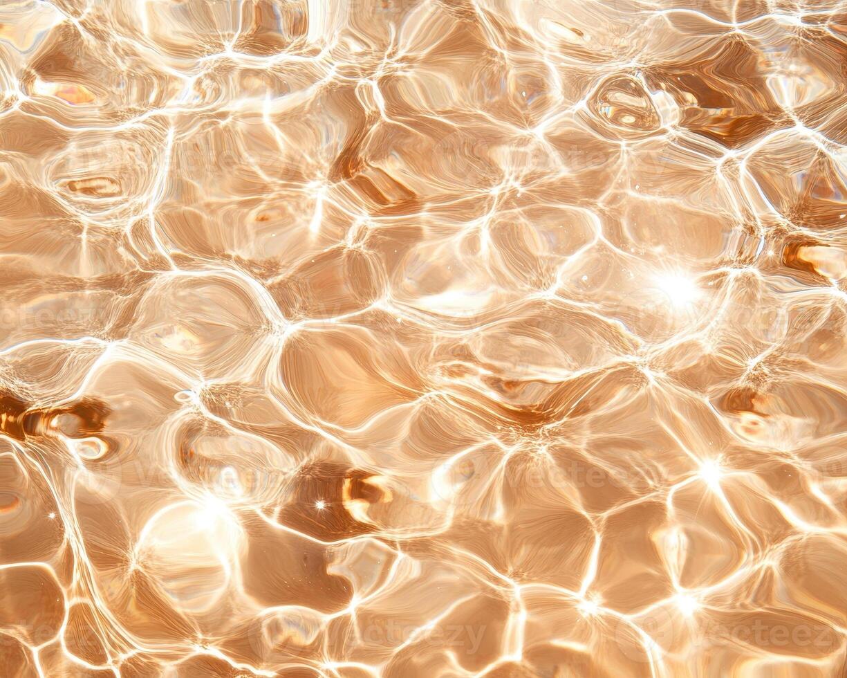 Sunlit rippling water in pool creates abstract texture with shimmering reflections. warm tones and fluid patterns evoke sense of tranquility and relaxation photo