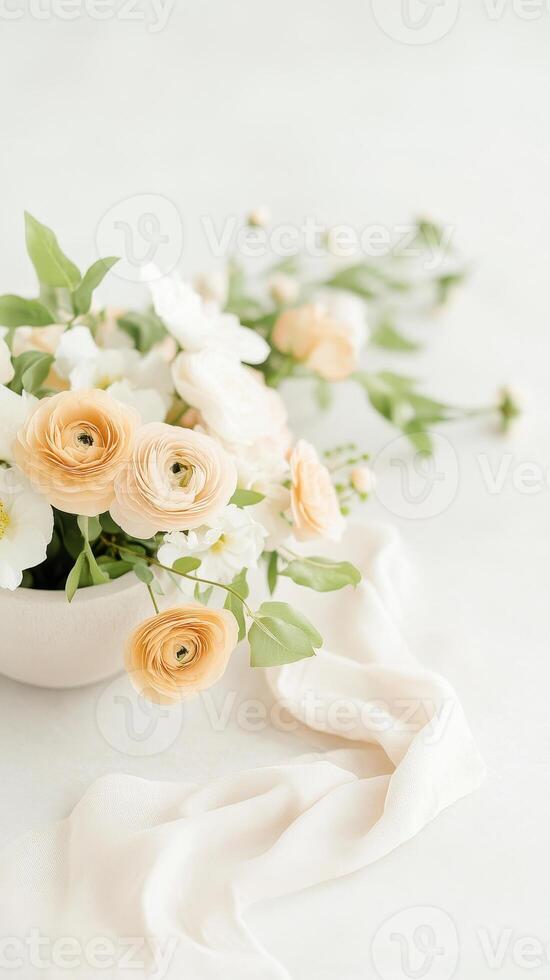 beautiful arrangement of soft peach ranunculus and white flowers in bowl, surrounded by delicate greenery and flowing fabric, creating serene and elegant atmosphere photo