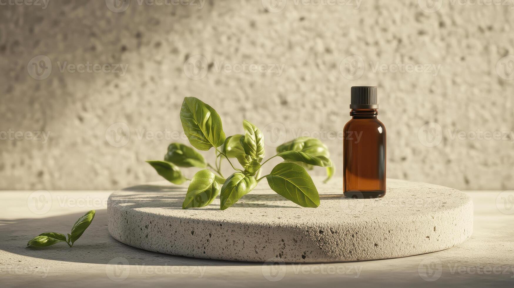 minimalist podium displays fresh basil leaves alongside essential oil bottle, creating serene and natural ambiance photo