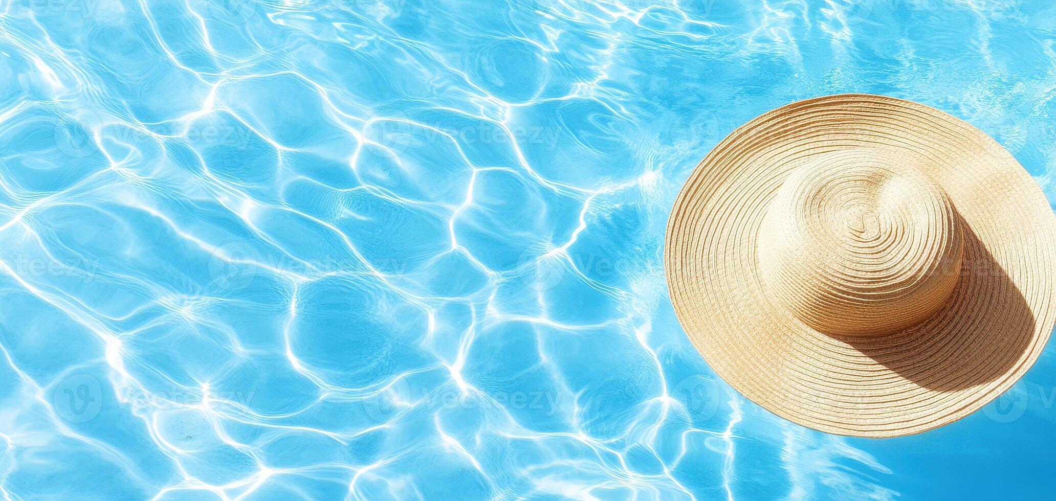 wide brim hat floats on surface of sparkling blue pool, creating serene and relaxing atmosphere. sunlight reflects off water, enhancing tranquil scene photo