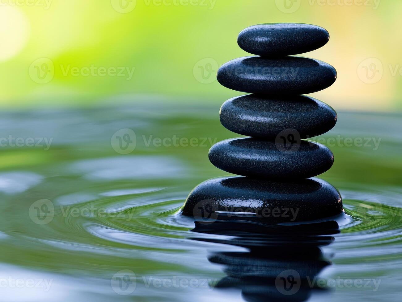 Serene stacked stones on calm water create peaceful Zen garden atmosphere, promoting relaxation and mindfulness. gentle ripples enhance tranquil setting photo