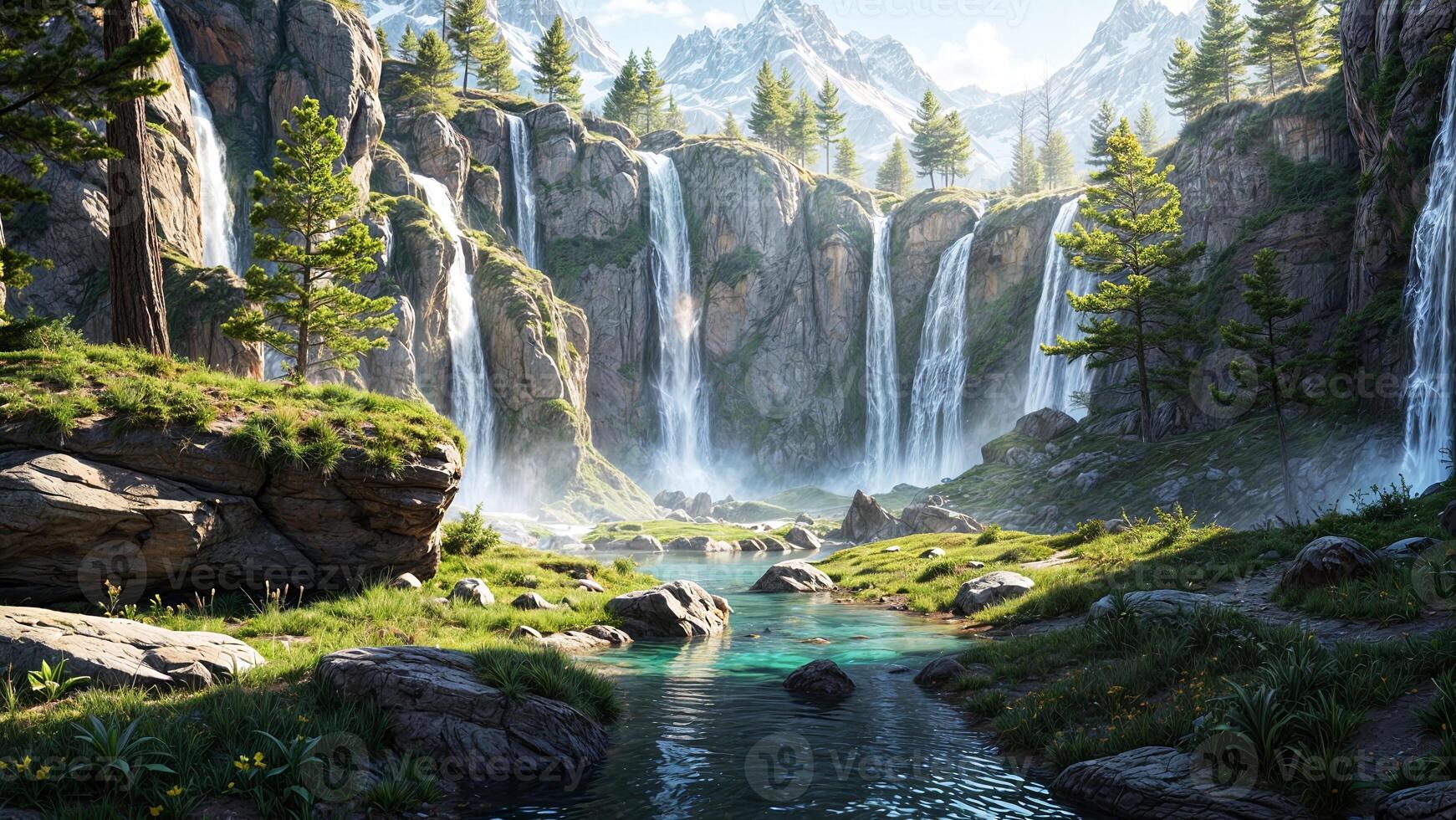 A waterfall in the middle of a forest photo