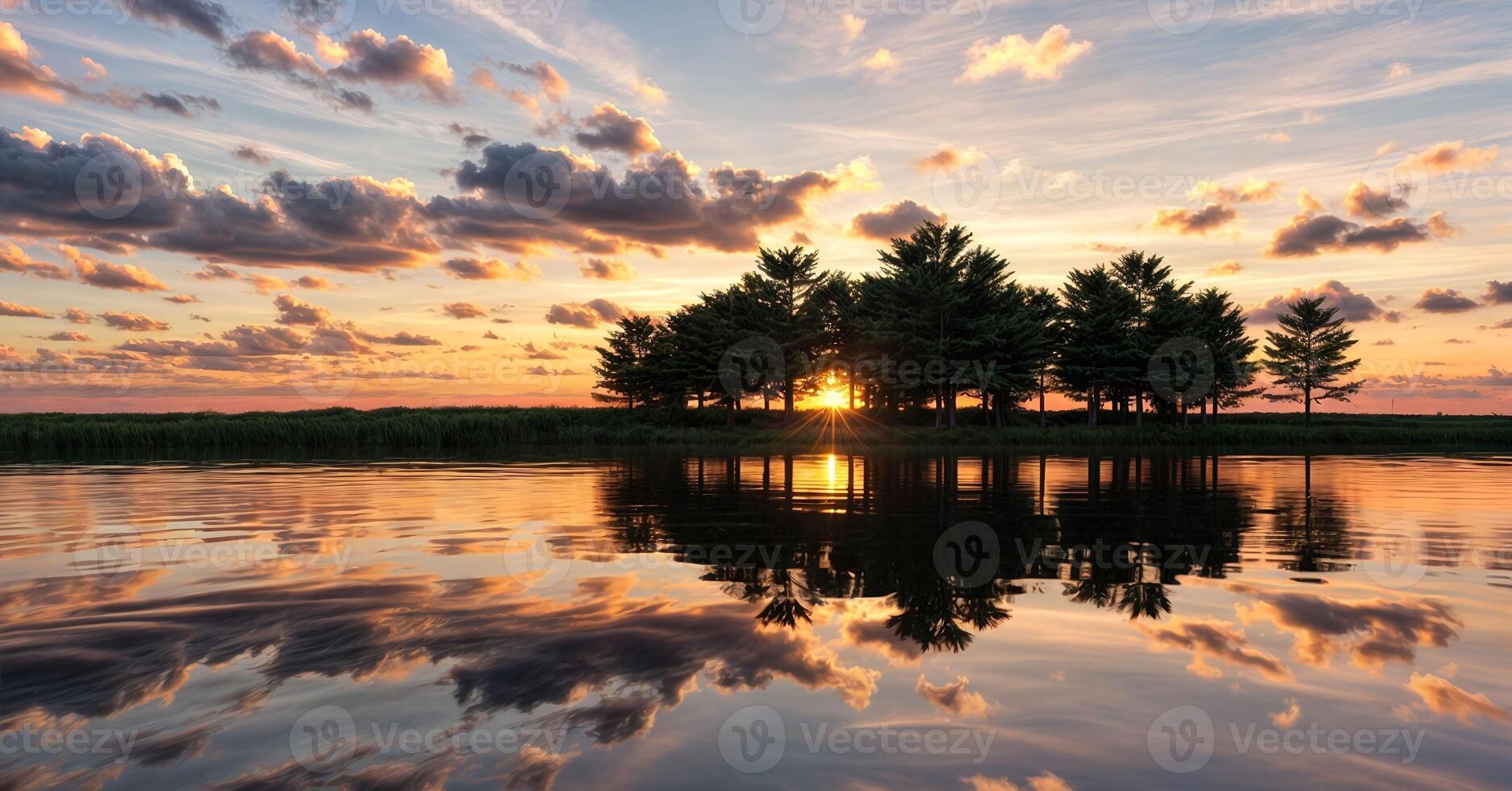 A sunset over a lake with trees reflected in the water photo