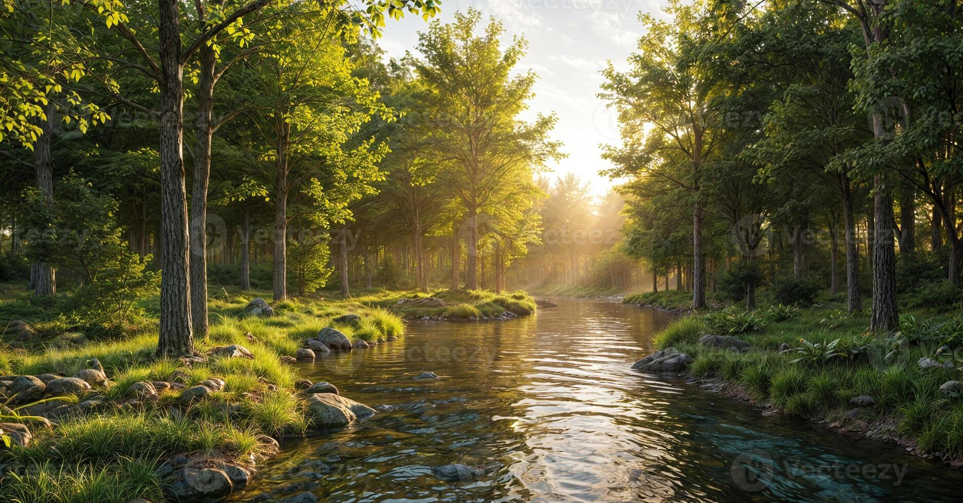 A river runs through a forest at sunrise photo
