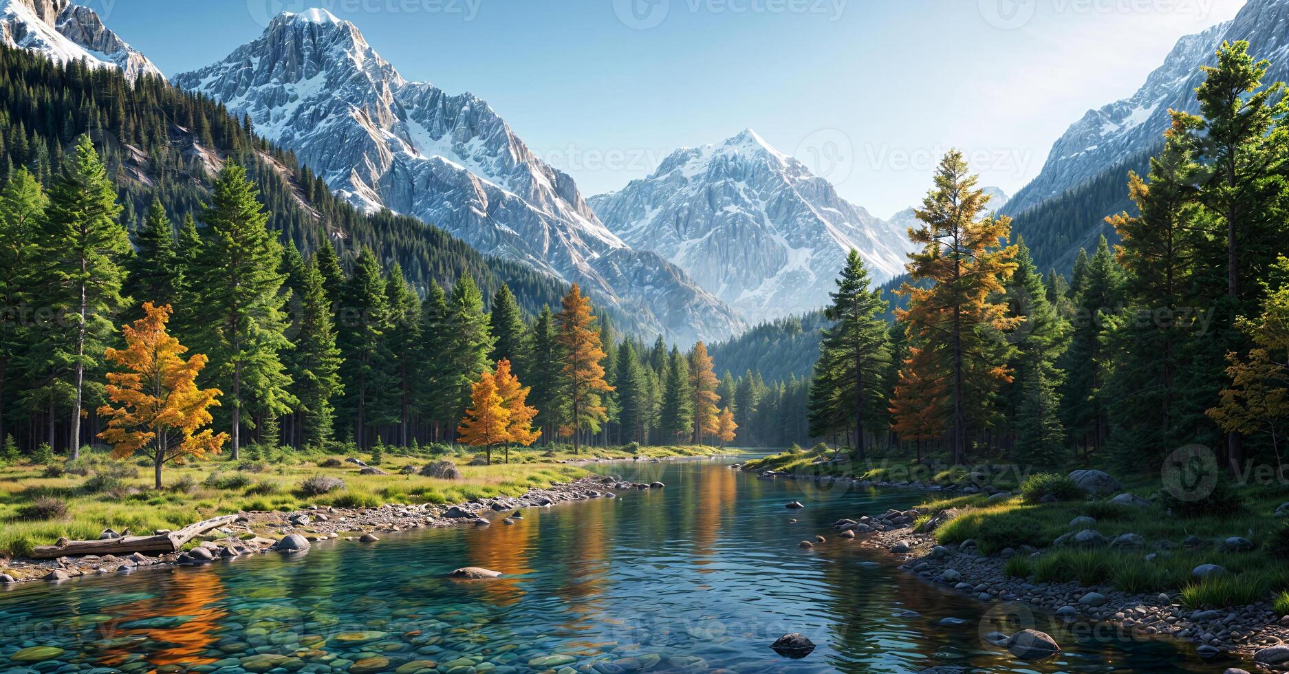 Beautiful mountain river in the forest with trees and mountains photo