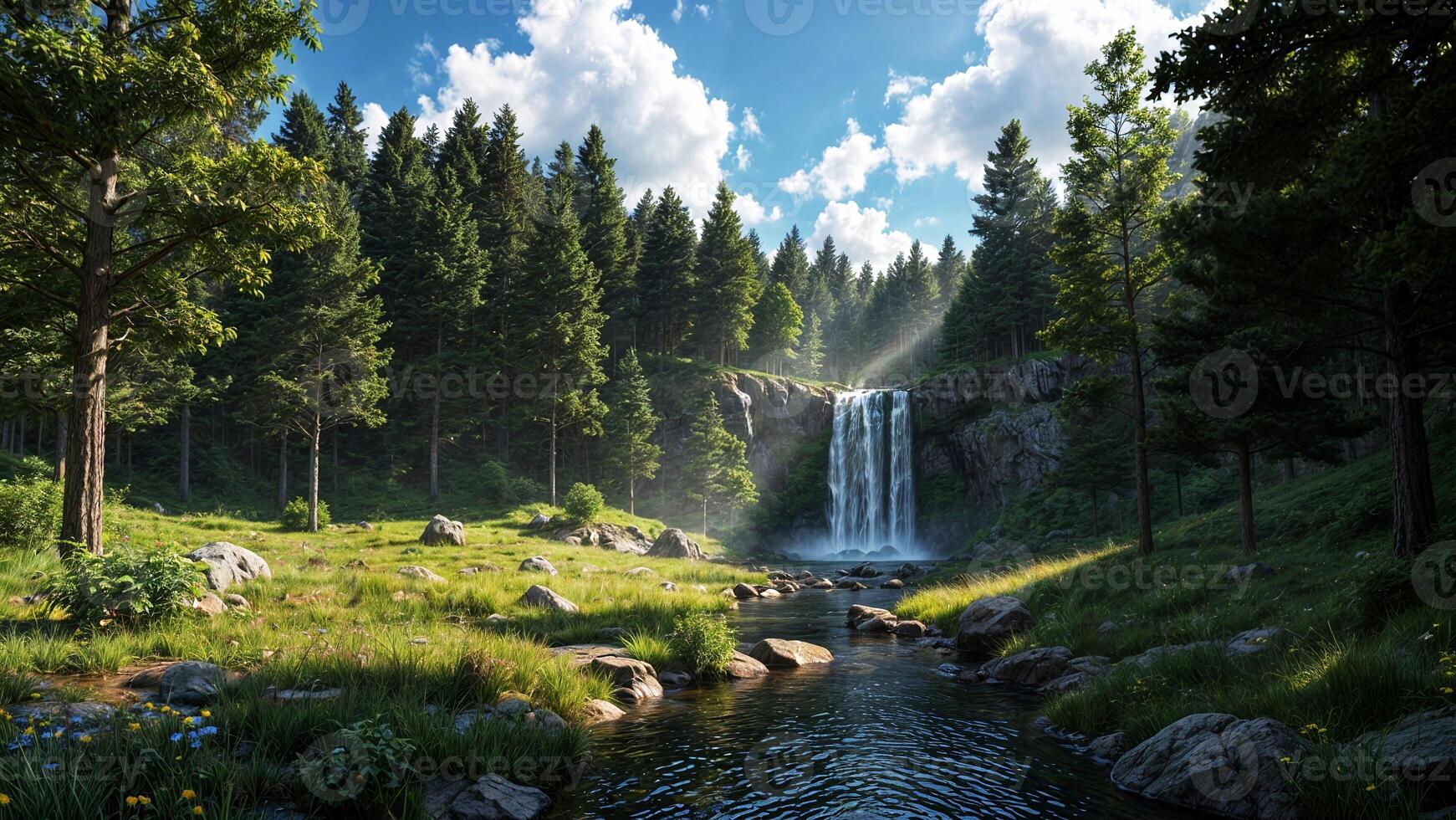 A waterfall in the middle of a forest photo