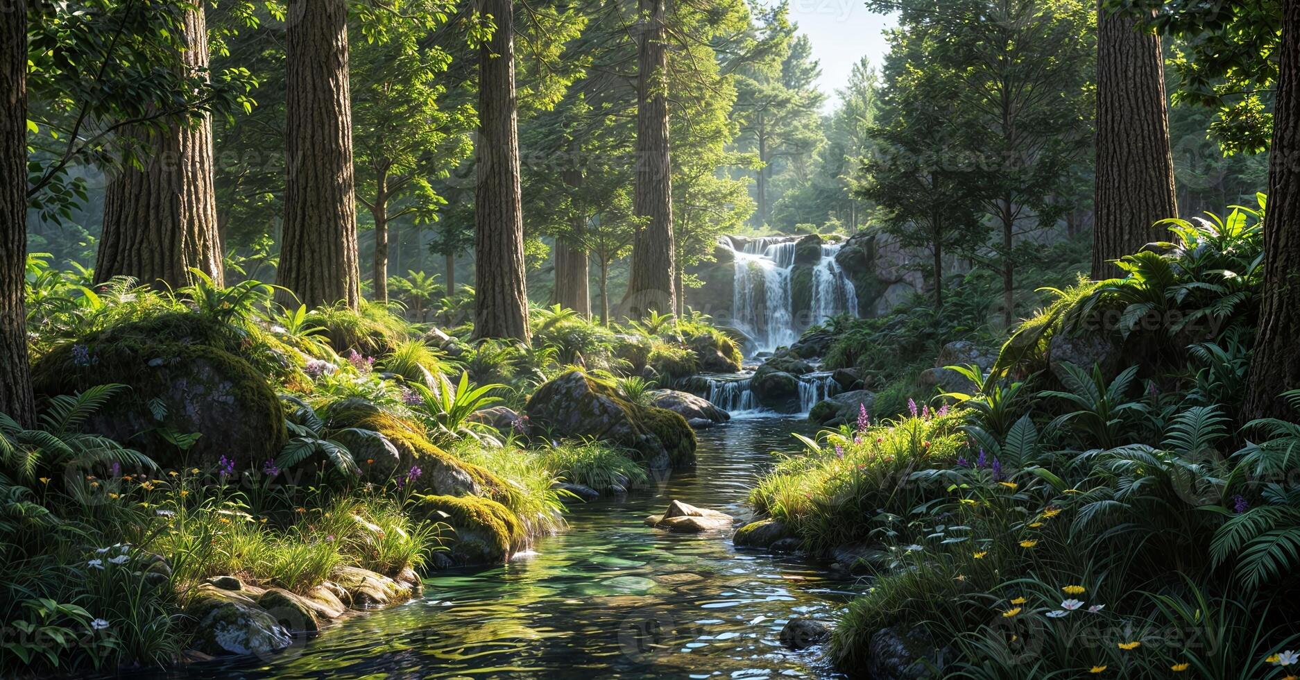 A waterfall in the forest with trees and grass photo