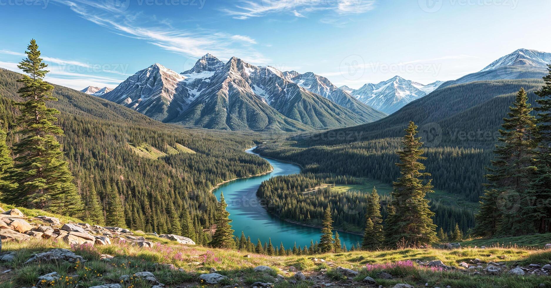 A beautiful mountain valley with a river and trees photo