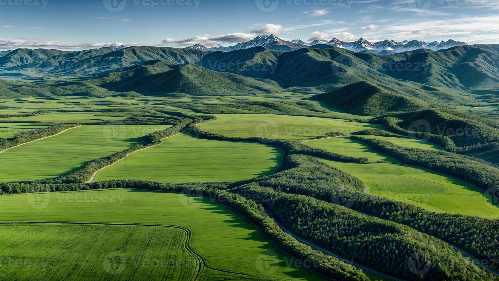 Aerial view of green fields and mountains in alaska photo