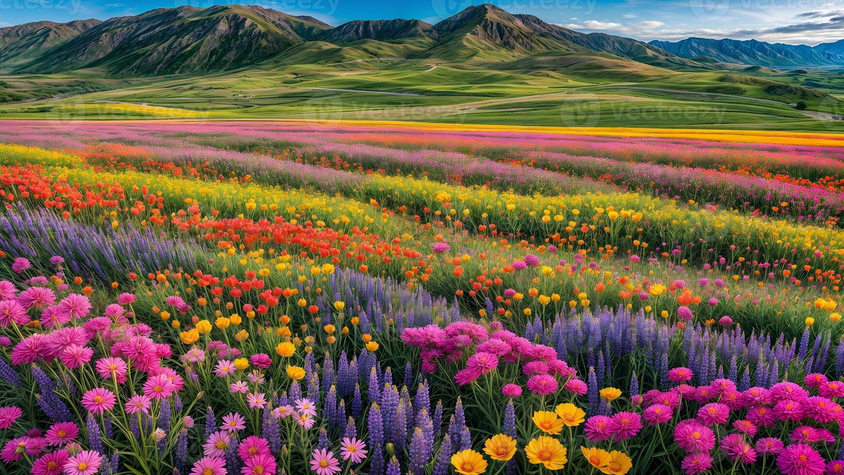 Colorful flowers in a field with mountains in the background photo