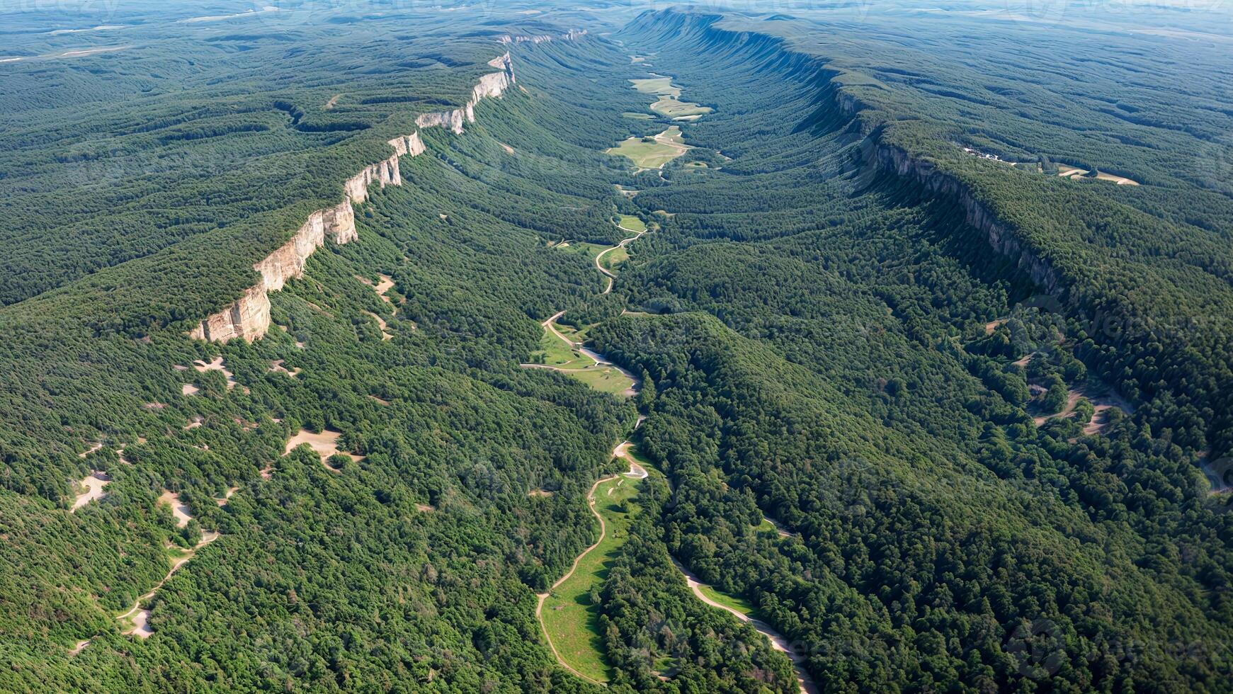 A river flowing through a valley surrounded by trees photo