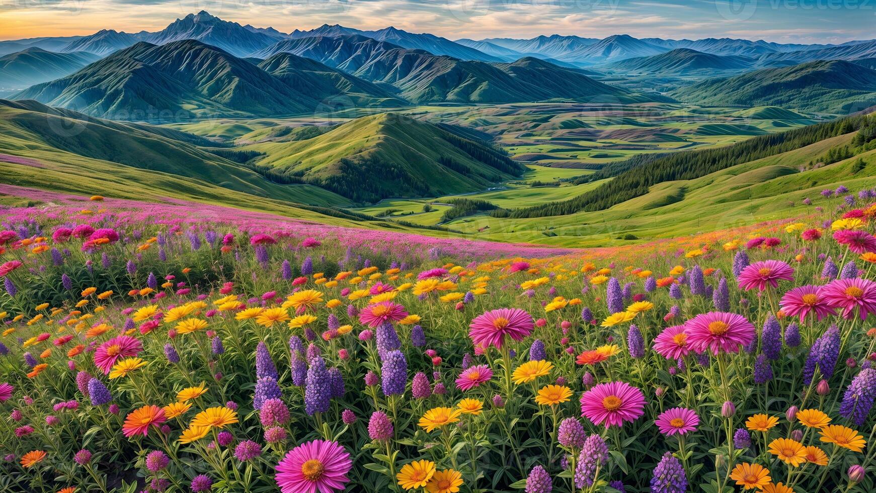 Beautiful flowers in the mountains at sunset photo