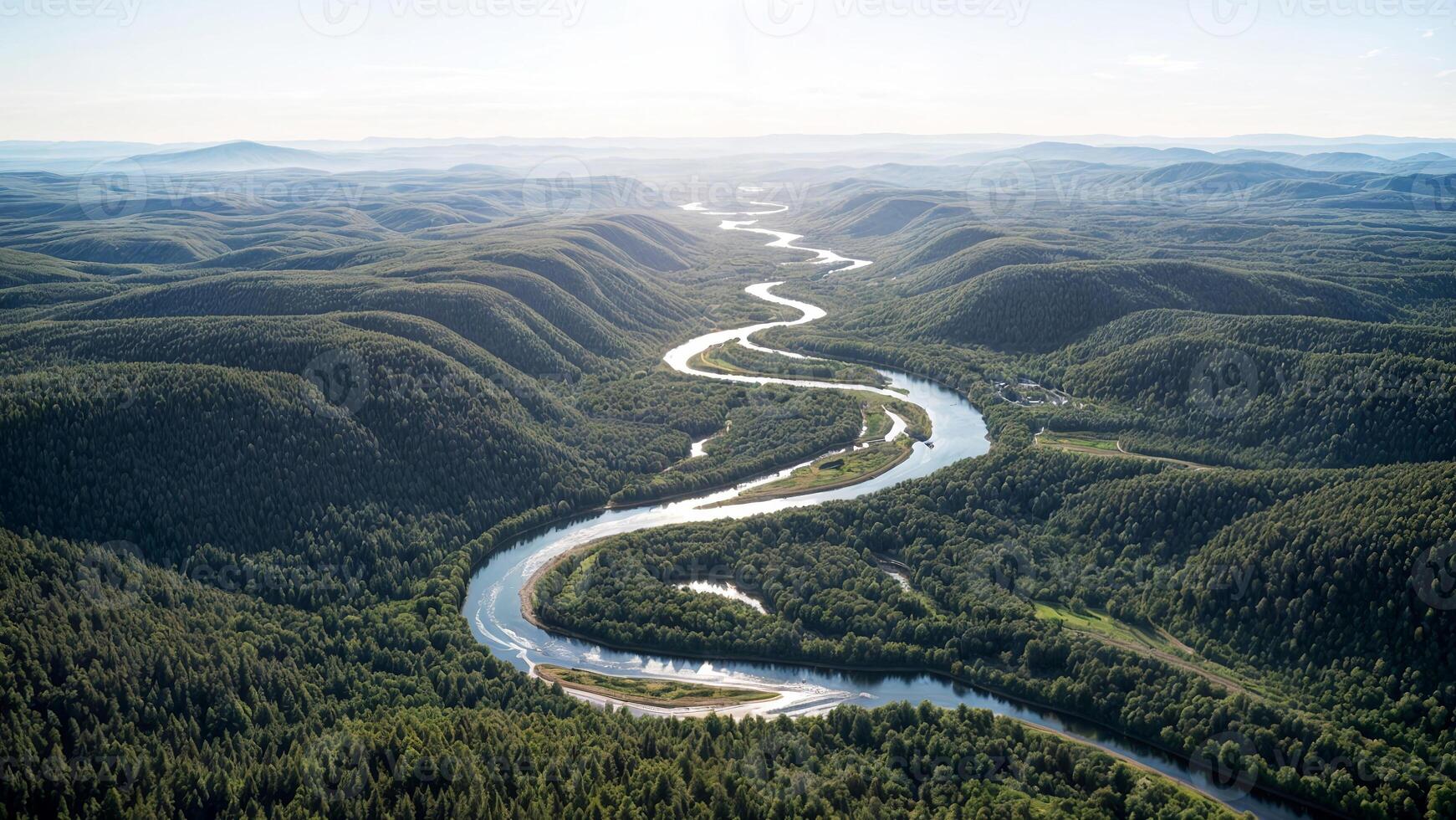 An aerial view of a river flowing through a forest photo