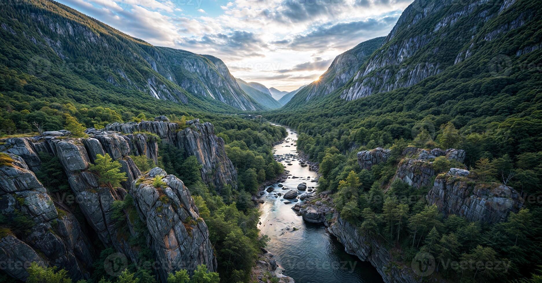The river runs through a gorge in the mountains photo