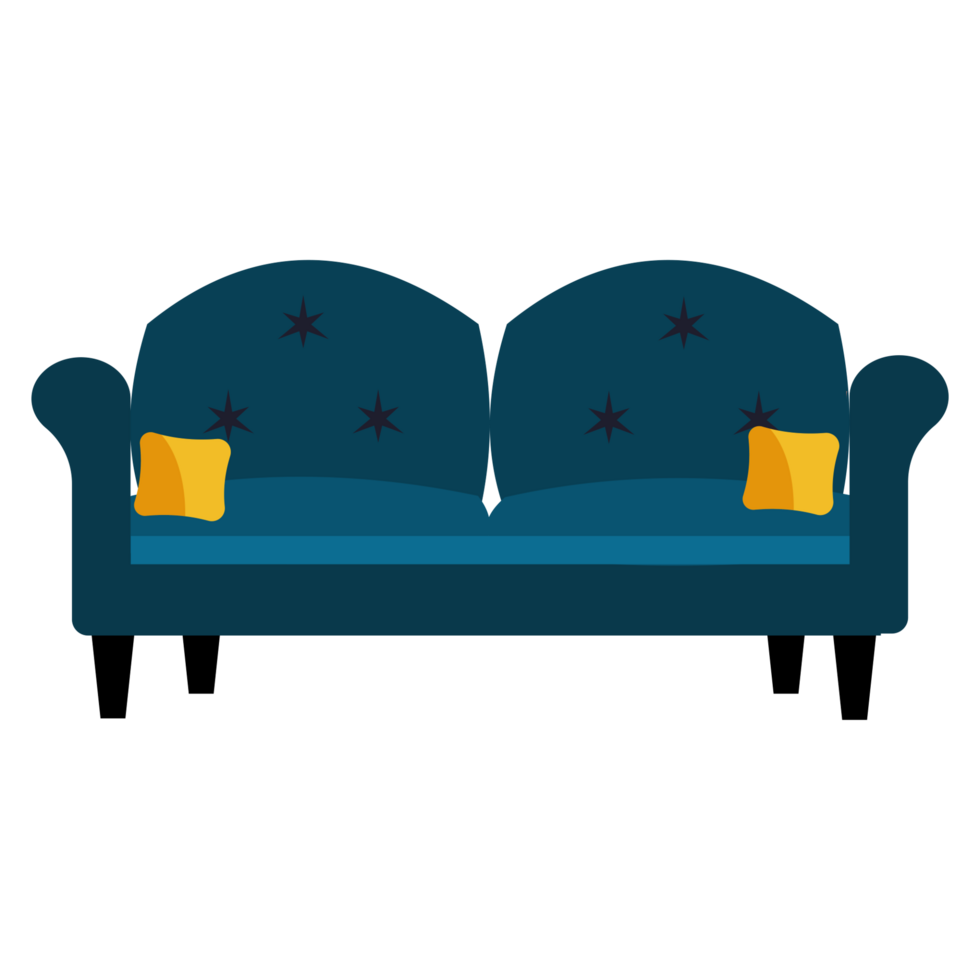 a blue couch with yellow pillows on it png