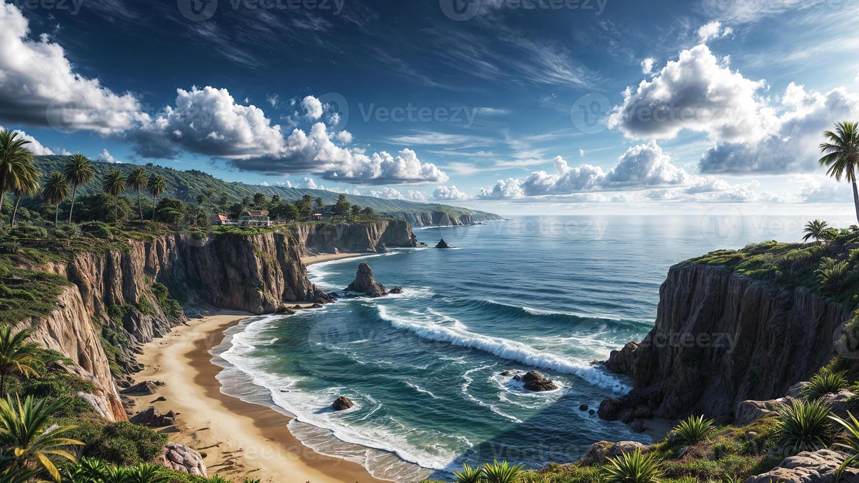 A beautiful beach and cliffs with palm trees on the coast photo