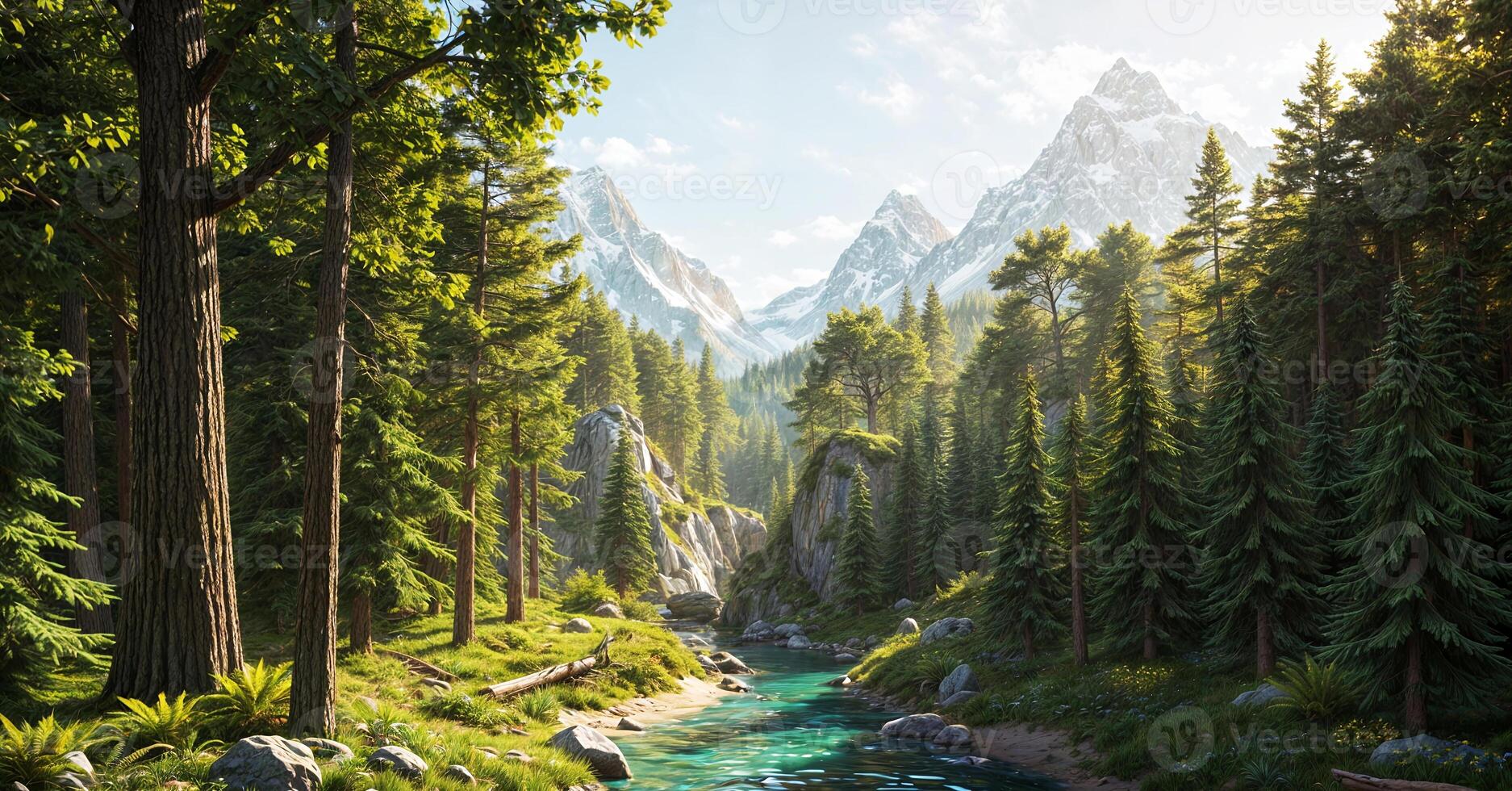 A river runs through a forest with trees and rocks photo