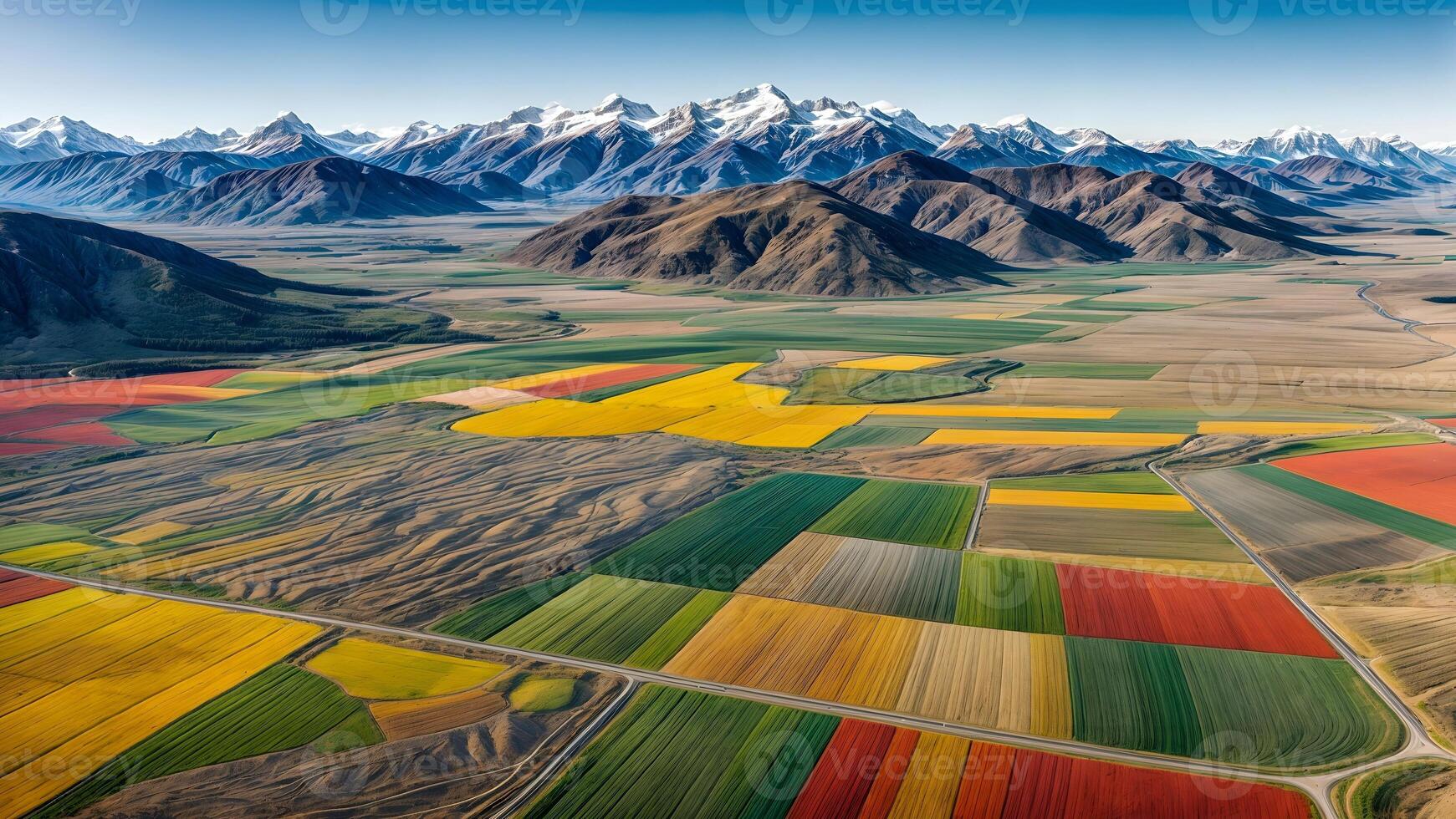 An aerial view of a field with mountains in the background photo