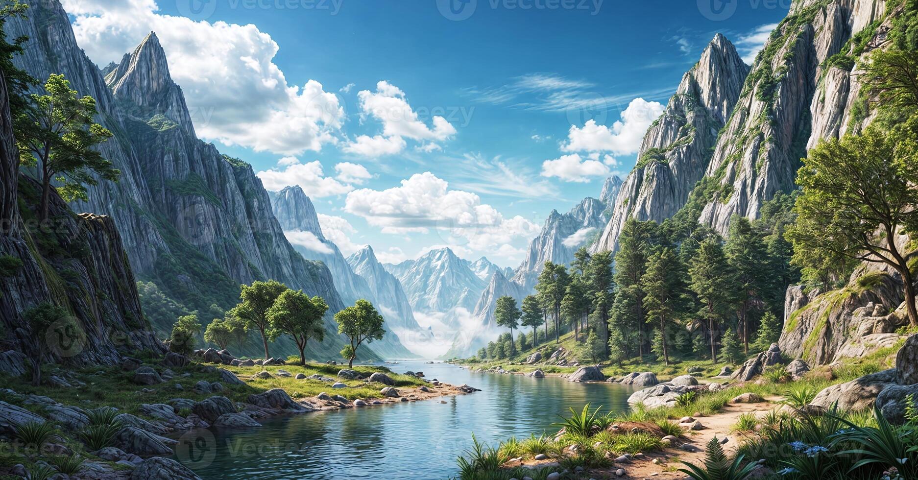 The mountains are surrounded by trees and water photo
