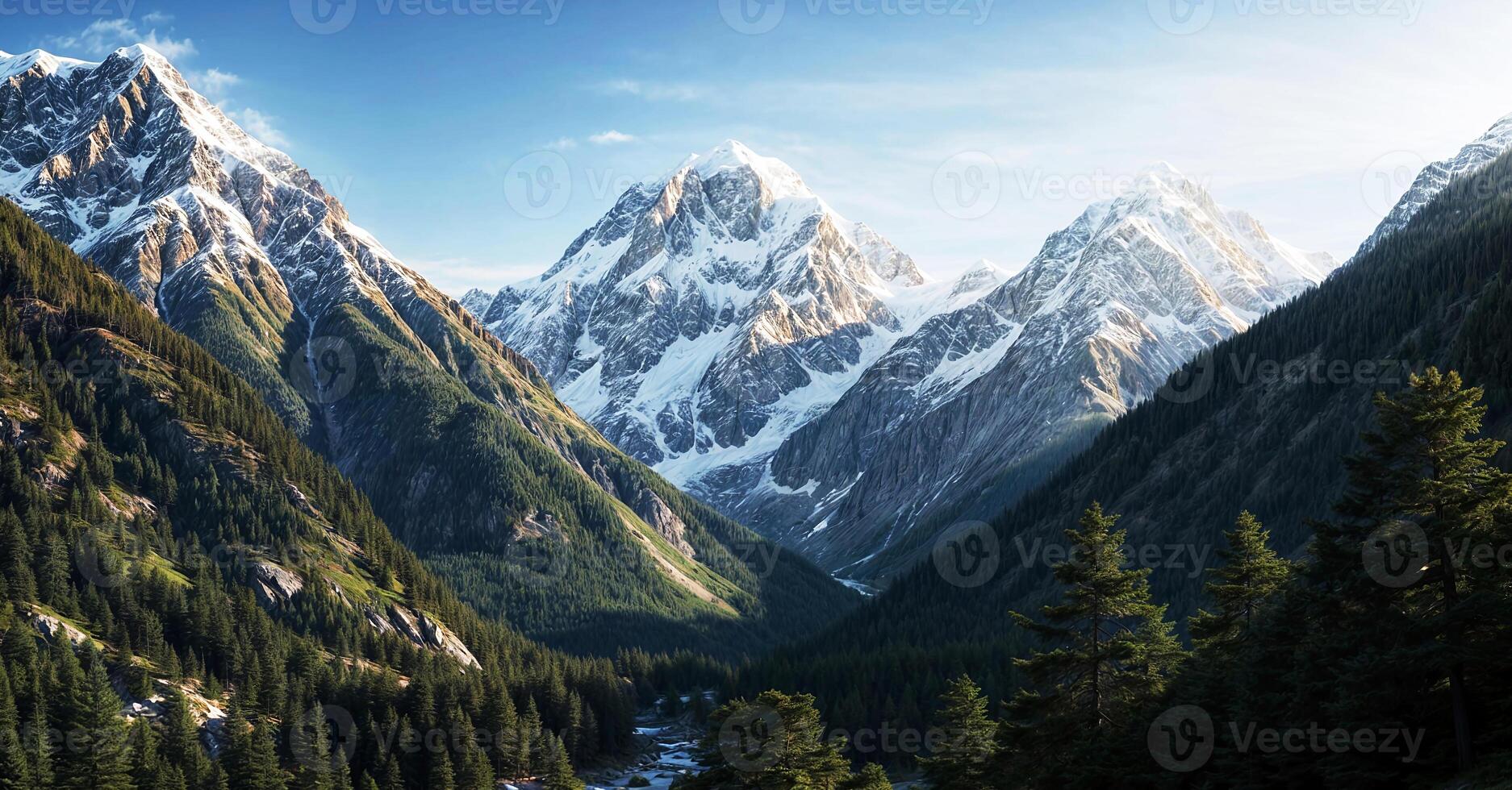 A mountain range with trees and a river photo