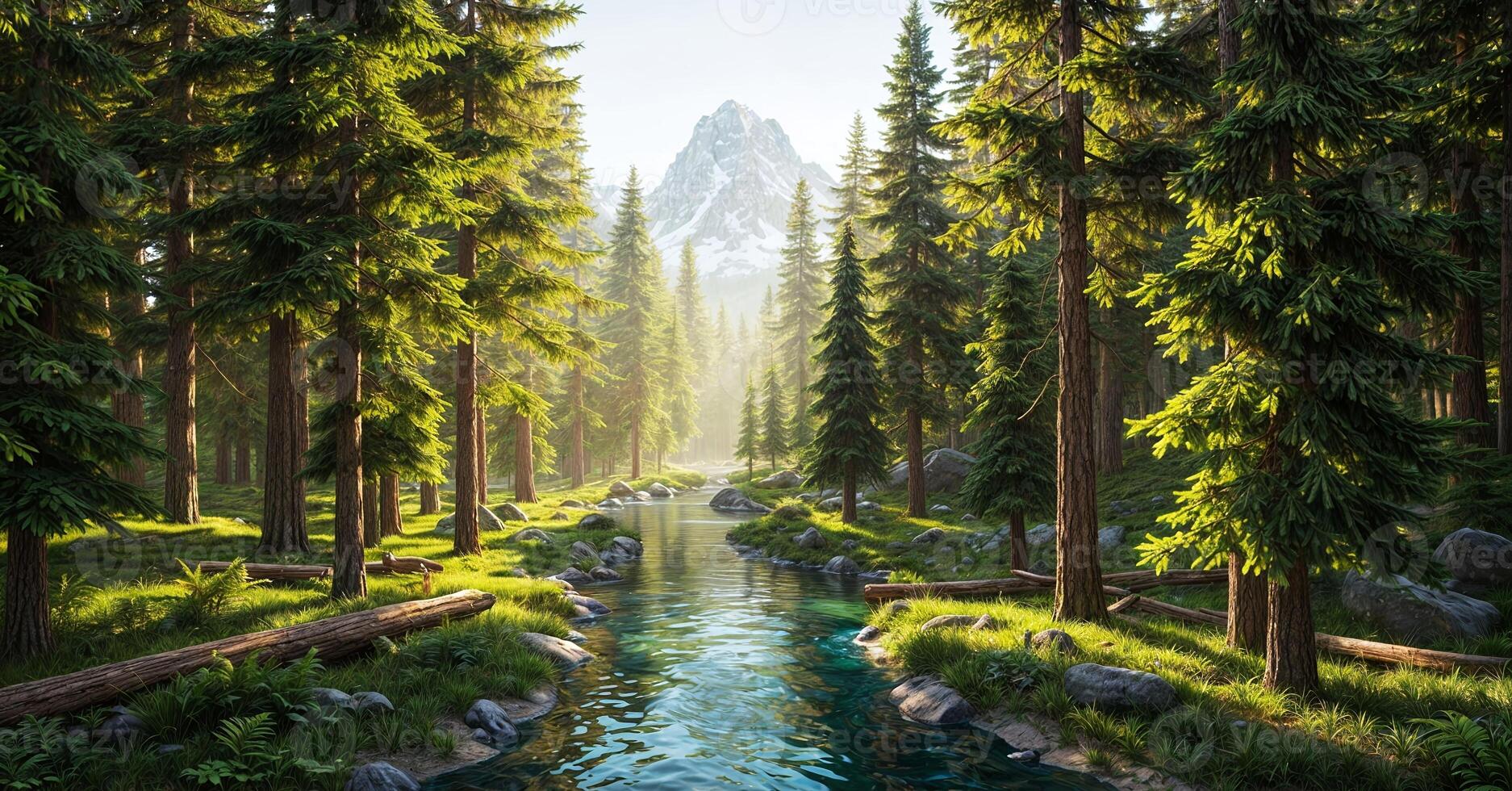 A river runs through a forest with trees and rocks photo