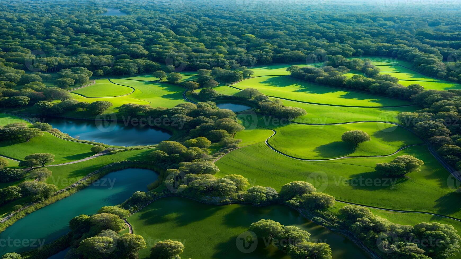 An aerial view of a golf course with trees and water photo