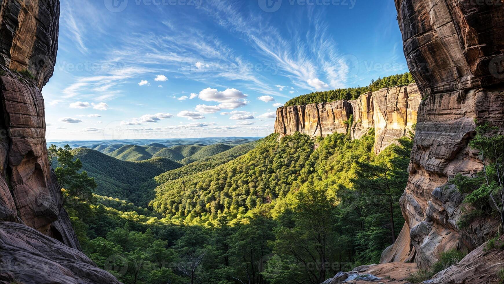 The view from the top of a canyon in the mountains photo