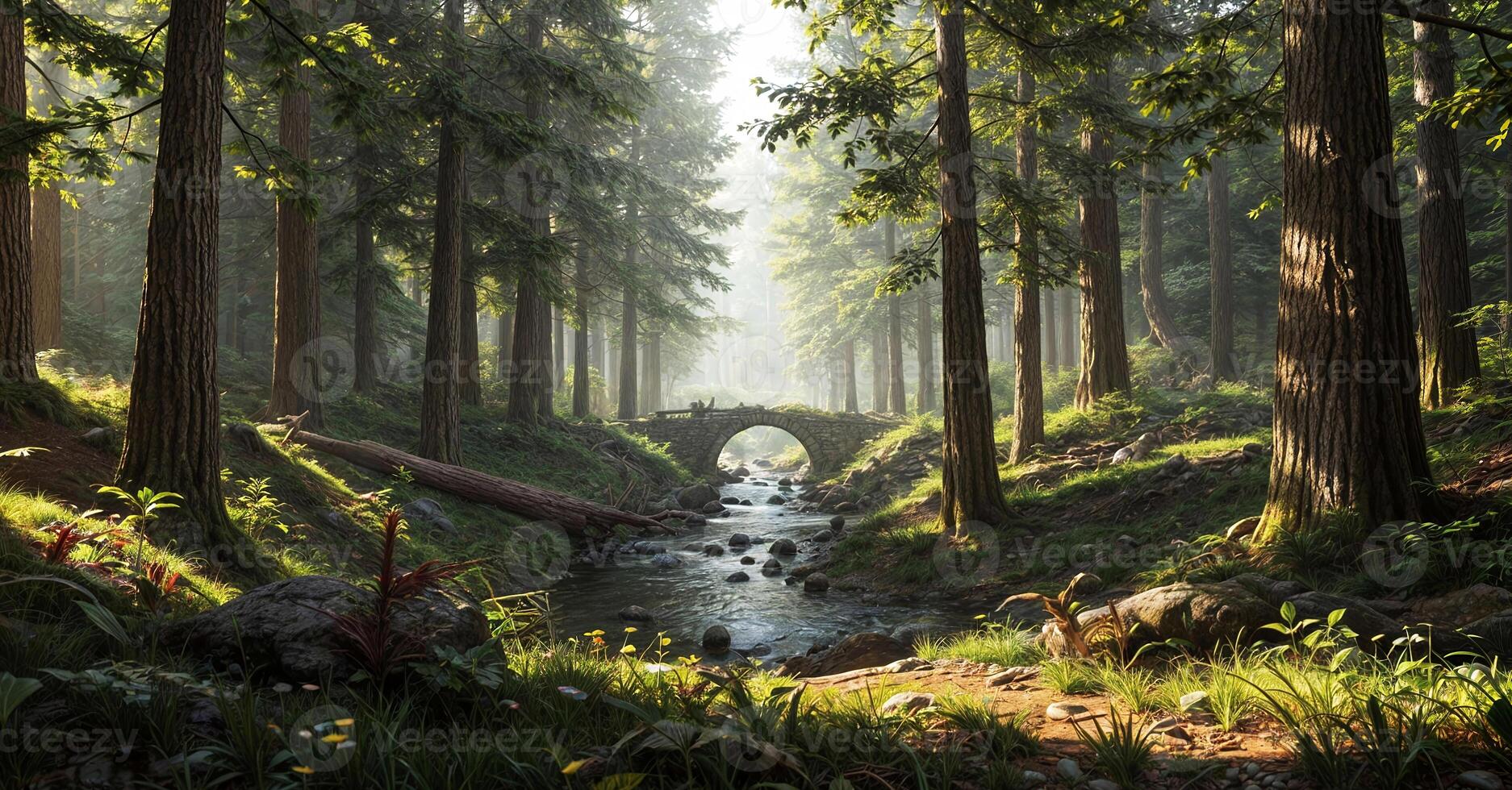 A stream runs through a forest with trees and rocks photo